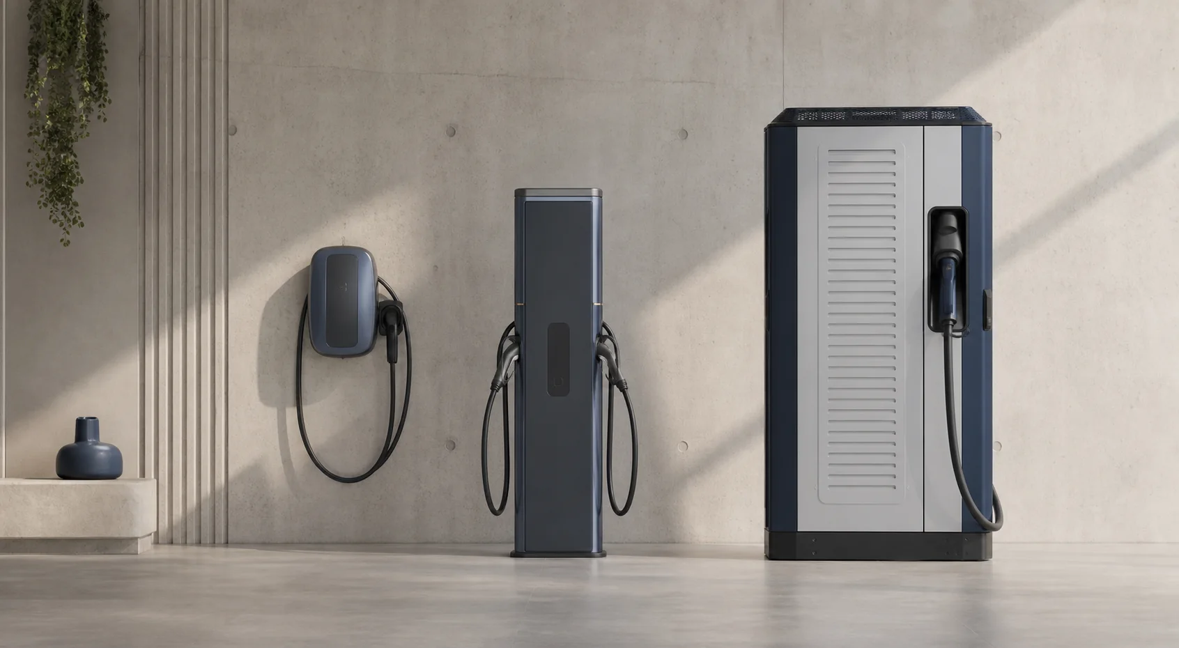 Home wallbox, commercial pedestal, and DC fast EV chargers