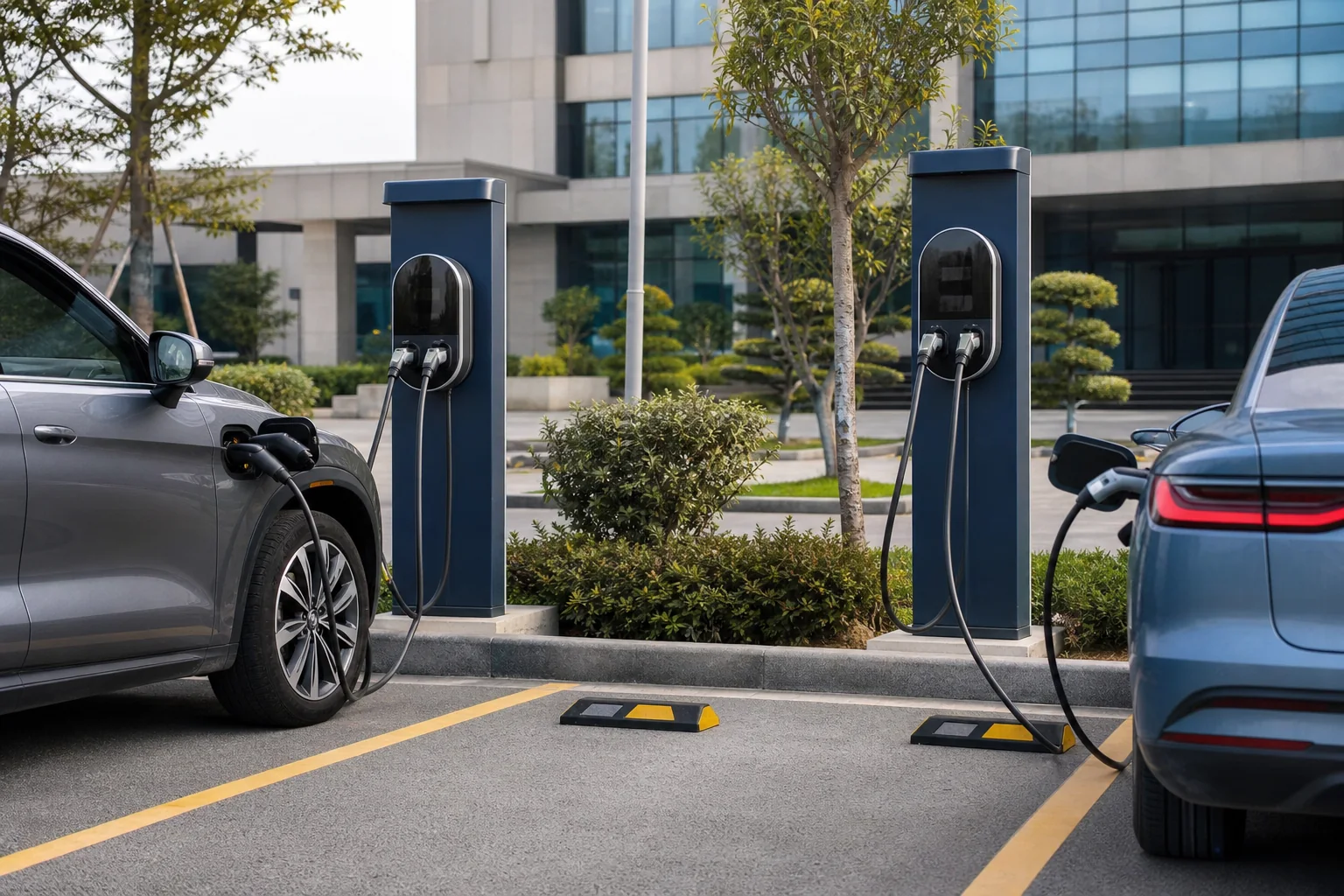 Commercial pedestal EV chargers serving two parking bays