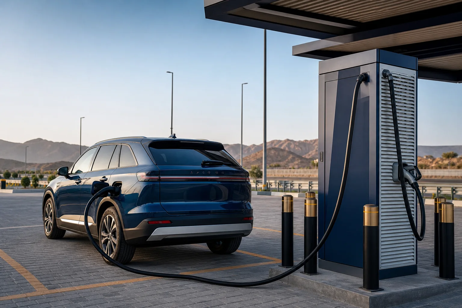 DC fast charger connected to an electric SUV at a highway service area