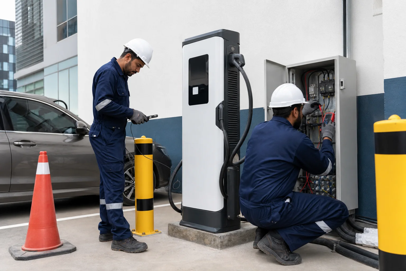Electrical engineers installing and testing an EV charging station