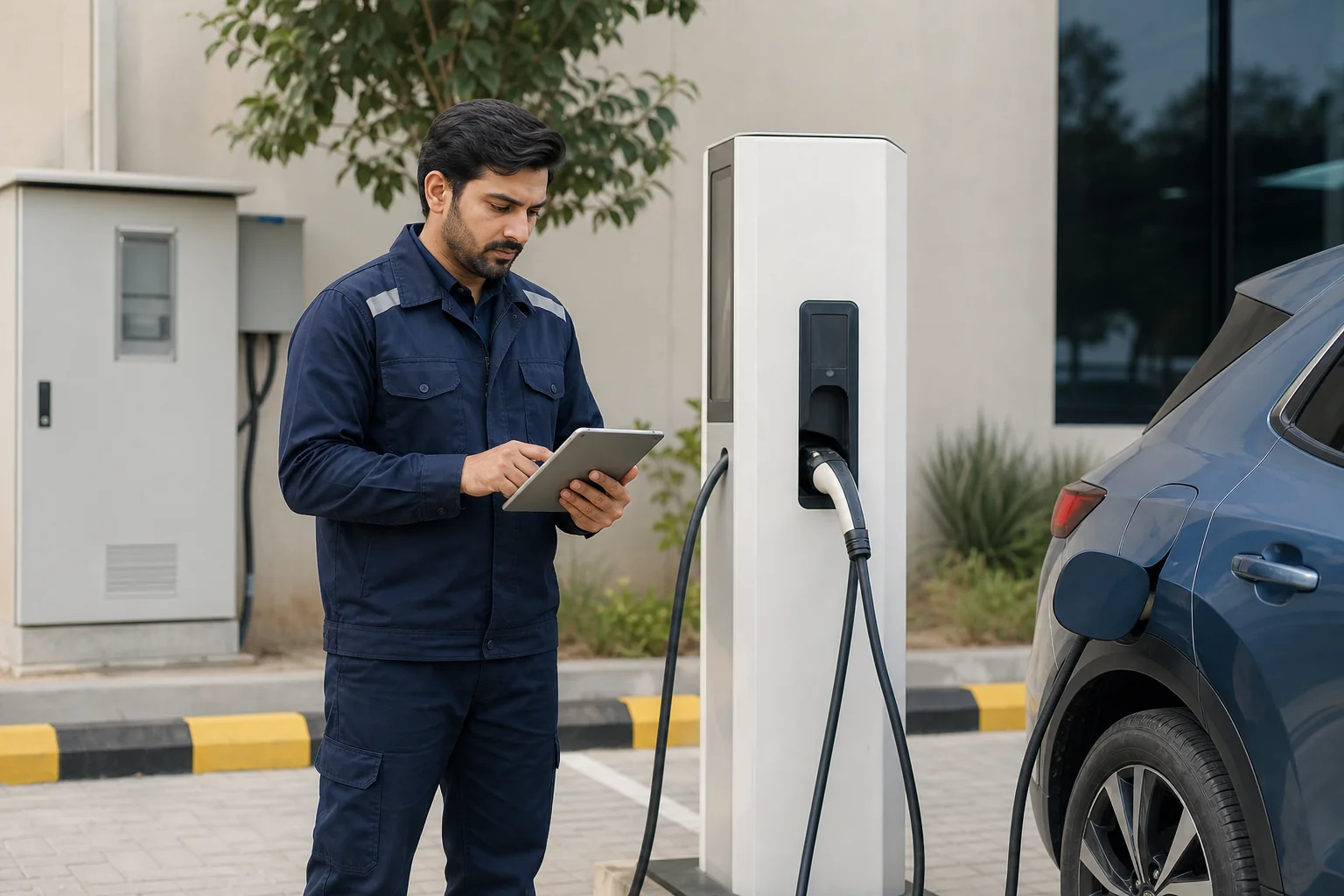 Electrical engineer carrying out an EV charging site survey