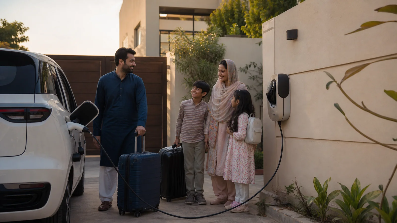 Pakistani family beside a home EV charger in Lahore