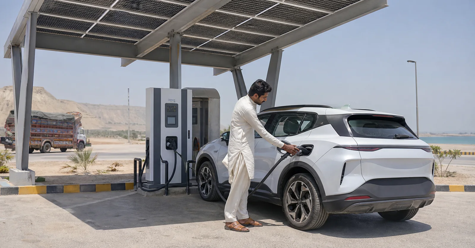 Pakistani driver using a solar EV charging station near Karachi