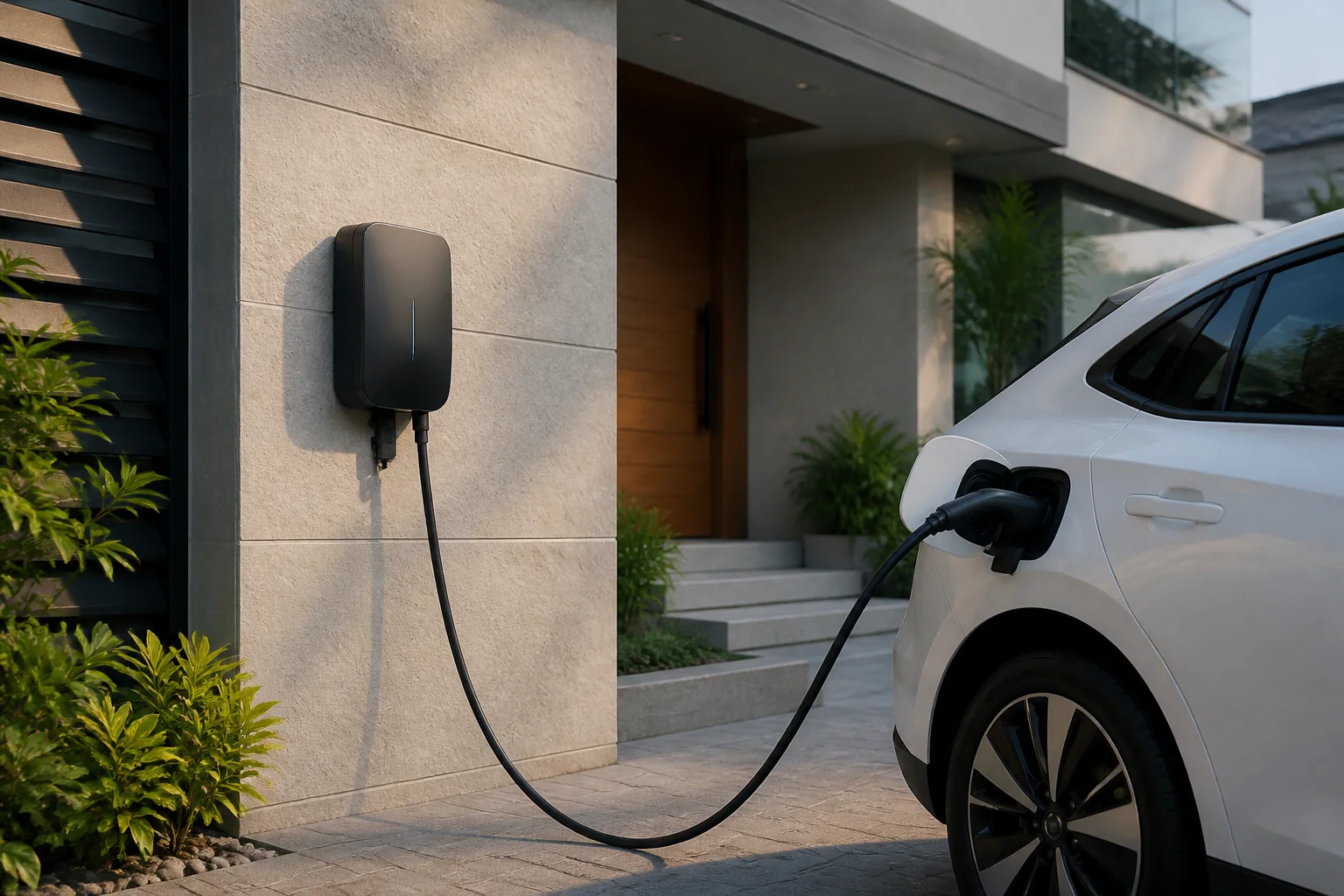 Wall-mounted AC charger connected to an electric car at a home