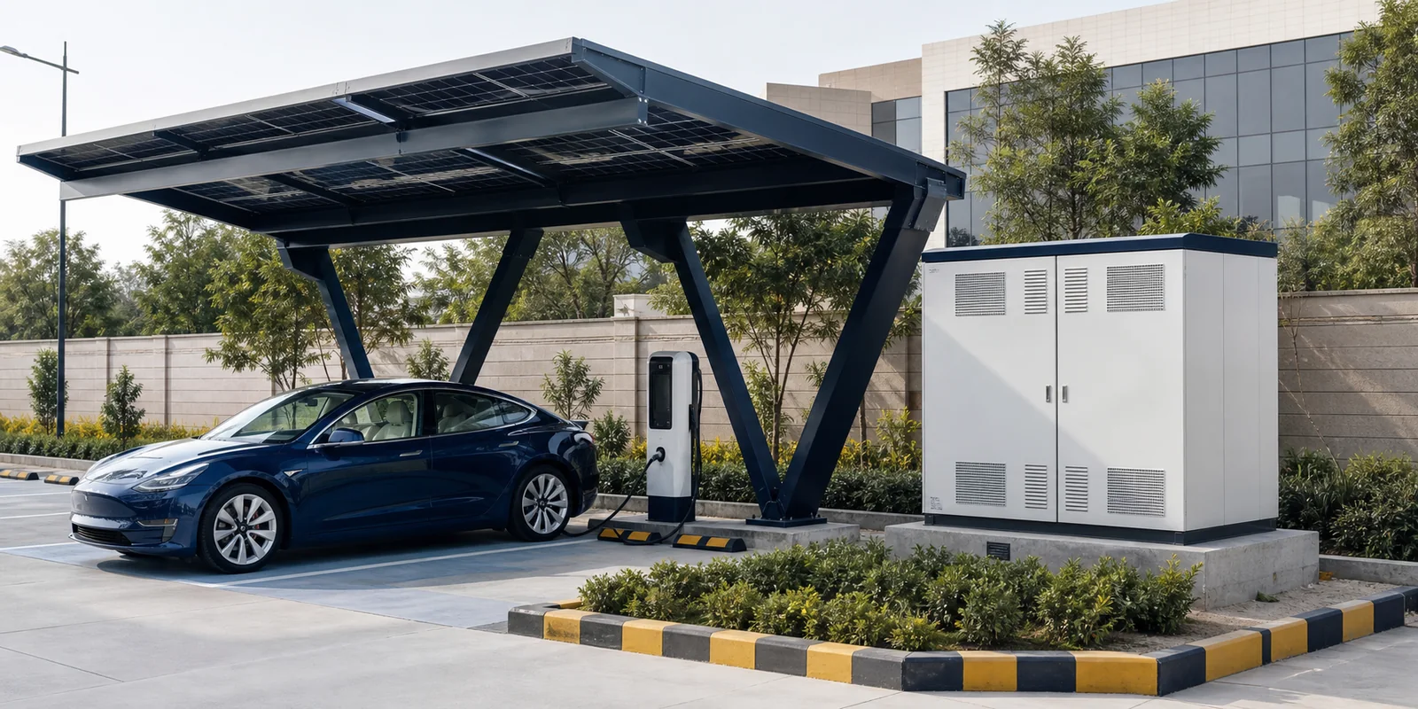 Electric vehicle charging beneath a solar canopy with battery storage